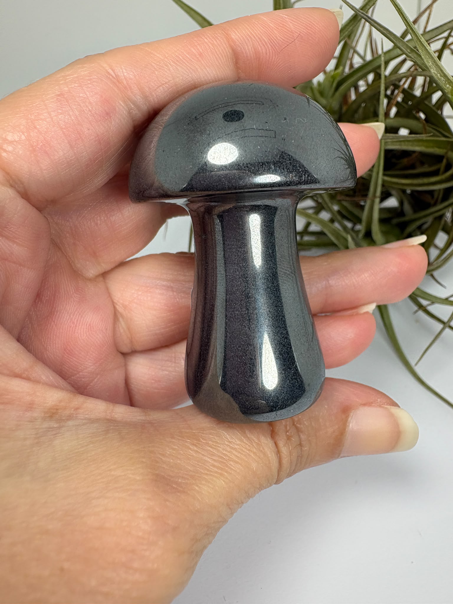 Seta de hematita natural pulida. Mineral de brillo metálico ideal para colección, decoración o regalo. Cada pieza es única por su formación natural.