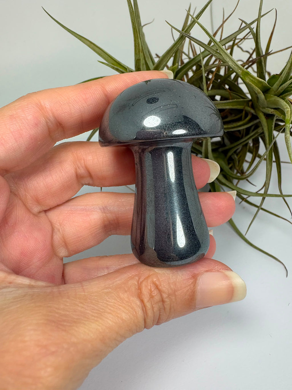 Seta de hematita natural pulida. Mineral de brillo metálico ideal para colección, decoración o regalo. Cada pieza es única por su formación natural.