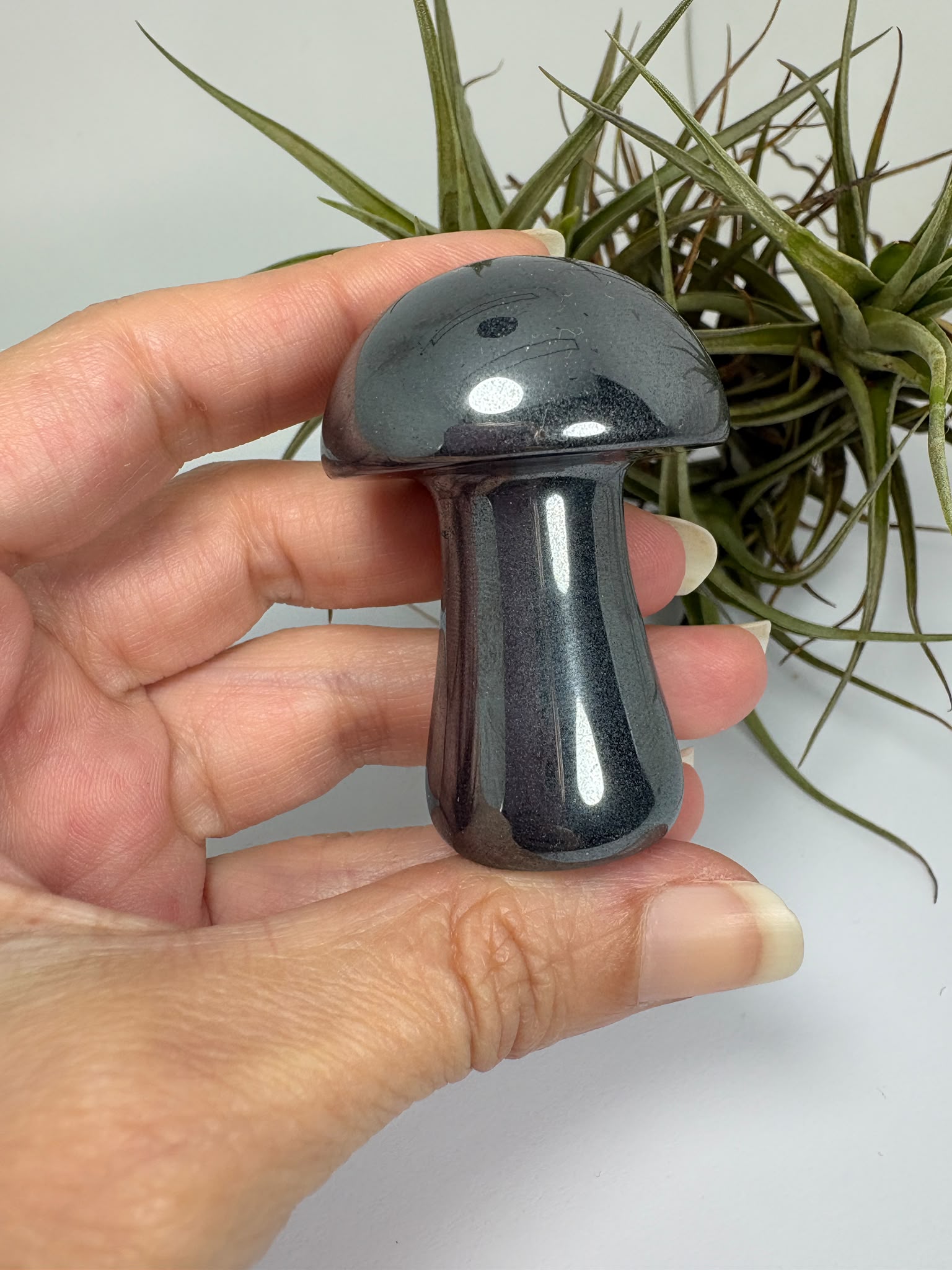 Seta de hematita natural pulida. Mineral de brillo metálico ideal para colección, decoración o regalo. Cada pieza es única por su formación natural.