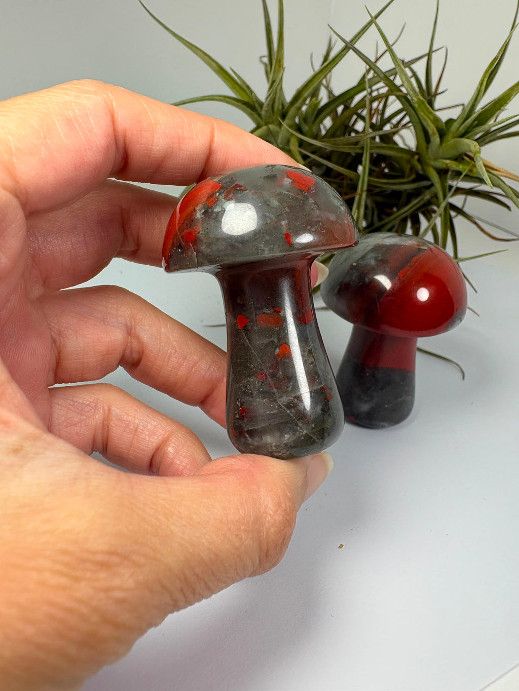 Seta de jaspe heliotropo natural pulido de 5 x 3,5 cm. Mineral único con tonos verdes y rojos, ideal para colección, decoración o regalo.