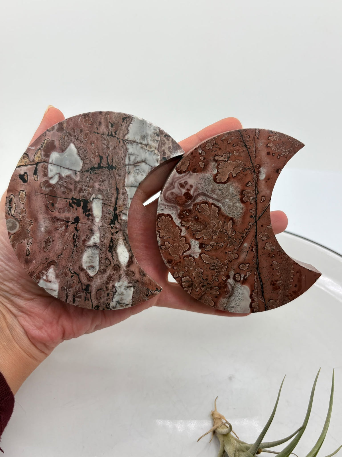 Luna de jaspe paisaje con base metálica incluida. Elige entre dos piezas con vetas y tonos tierra, ideales para decorar o regalar en Hada Minerales.