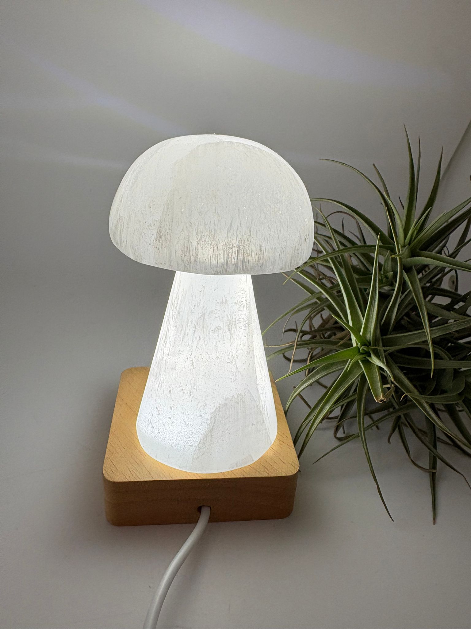 Lámpara usb de selenita natural con base led de madera. Pieza de gran calidad, elegante y luminosa, ideal para decorar y armonizar cualquier espacio.
