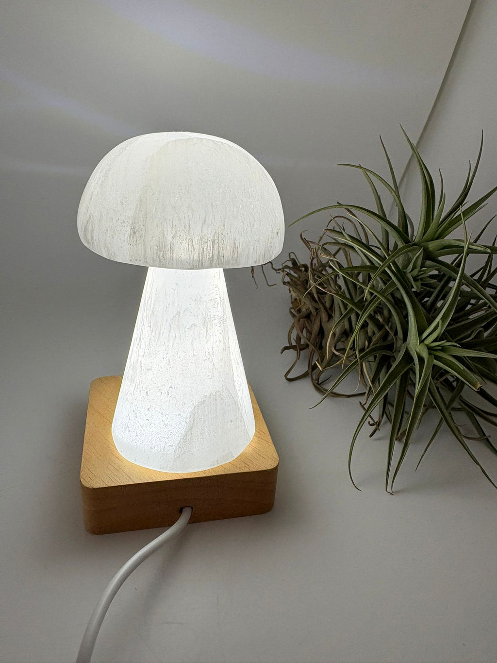 Lámpara usb de selenita natural con base led de madera. Pieza de gran calidad, elegante y luminosa, ideal para decorar y armonizar cualquier espacio.