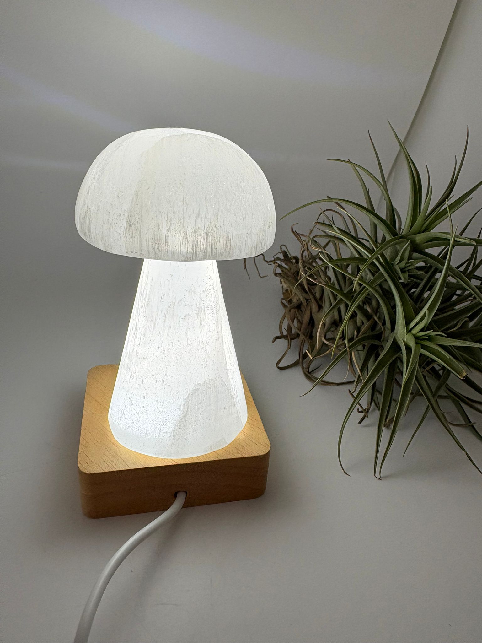 Lámpara usb de selenita natural con base led de madera. Pieza de gran calidad, elegante y luminosa, ideal para decorar y armonizar cualquier espacio.