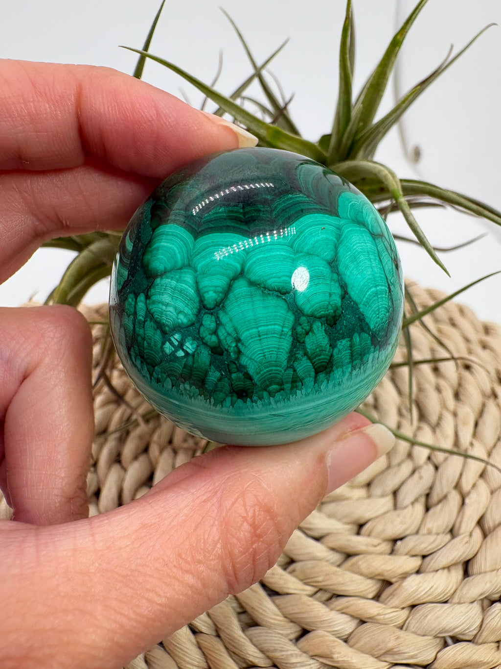 Esfera de malaquita natural de gran belleza, con vetas concéntricas intensas en tonos verdes&nbsp; que crean un patrón único e hipnótico.