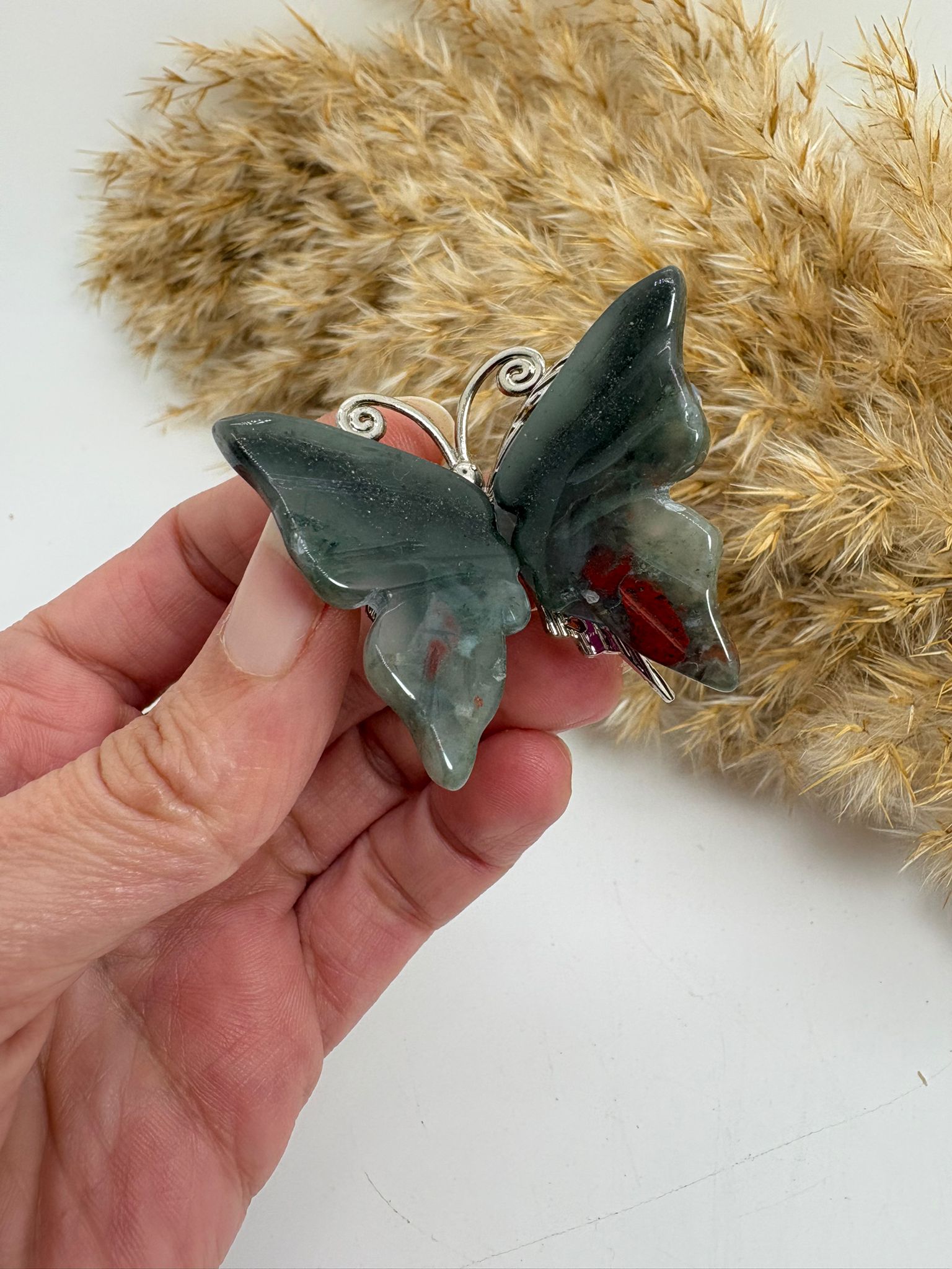 Mariposa de heliotropo pulido, piedra natural con vetas rojizas características. Figura única perfecta para decoración o colección.