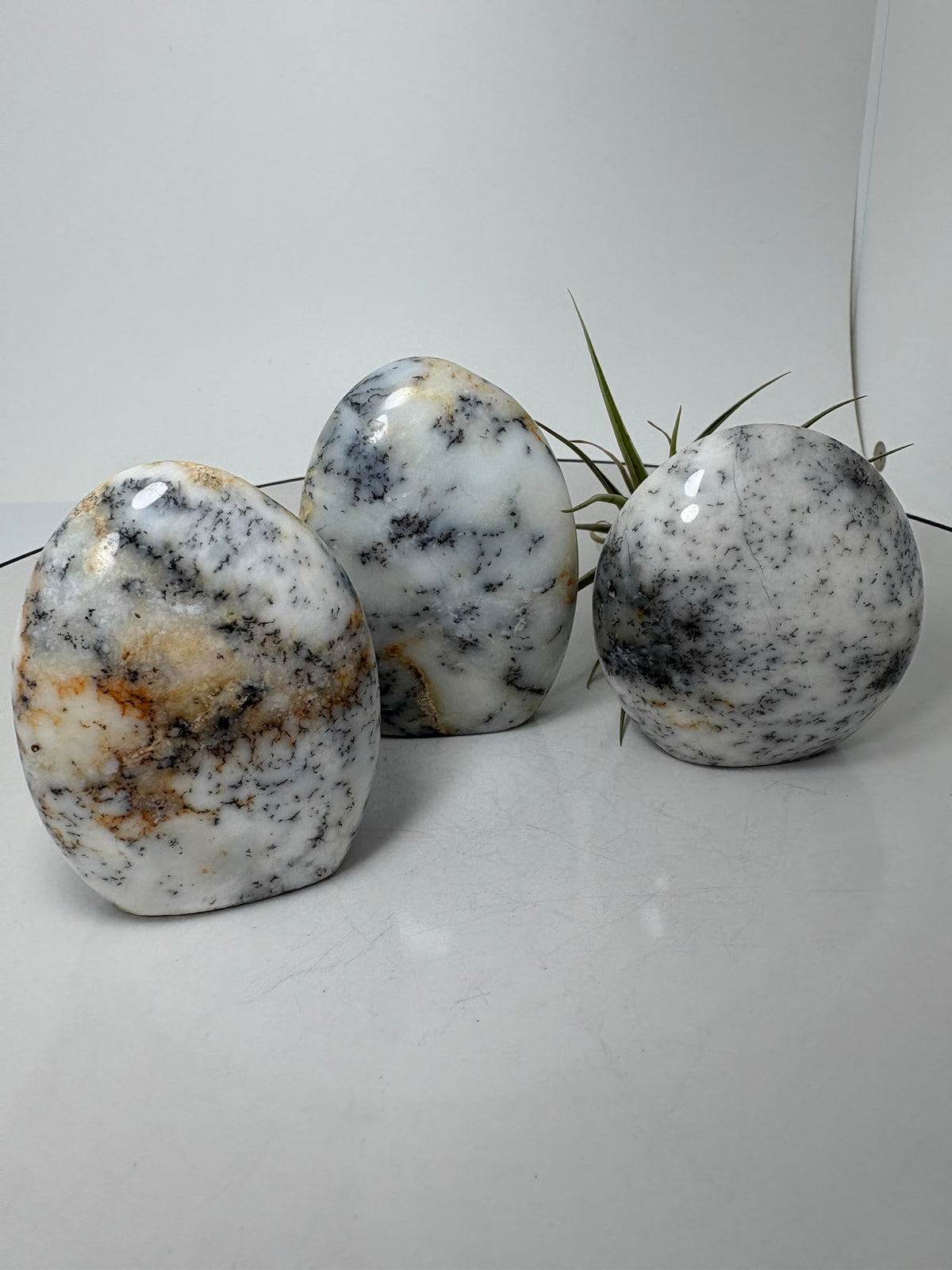 Descubre nuestros monolitos de merlinita dendrítica, con tonos claros y dibujos negros naturales. Elige tu pieza en La Hada de las Piedras.