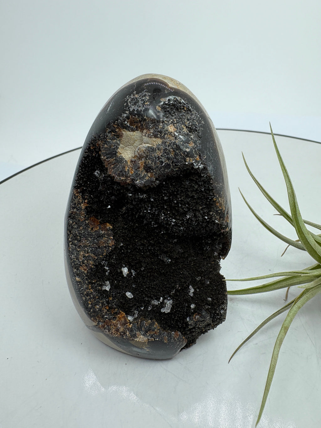 Impresionante esfera de cuarzo chamánico de gran tamaño, una pieza única llena de carácter y belleza natural.

Su interior presenta inclusiones, velos y fracturas naturales que crean espectaculares reflejos arcoíris al recibir la luz.