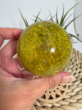 Preciosa esfera de ópalo verde procedente de Madagascar, caracterizada por sus tonalidades verdes, amarillentas y blancas, que forman dibujos naturales únicos en toda la superficie. Su pulido realza el color, el brillo y la riqueza de sus matices.


