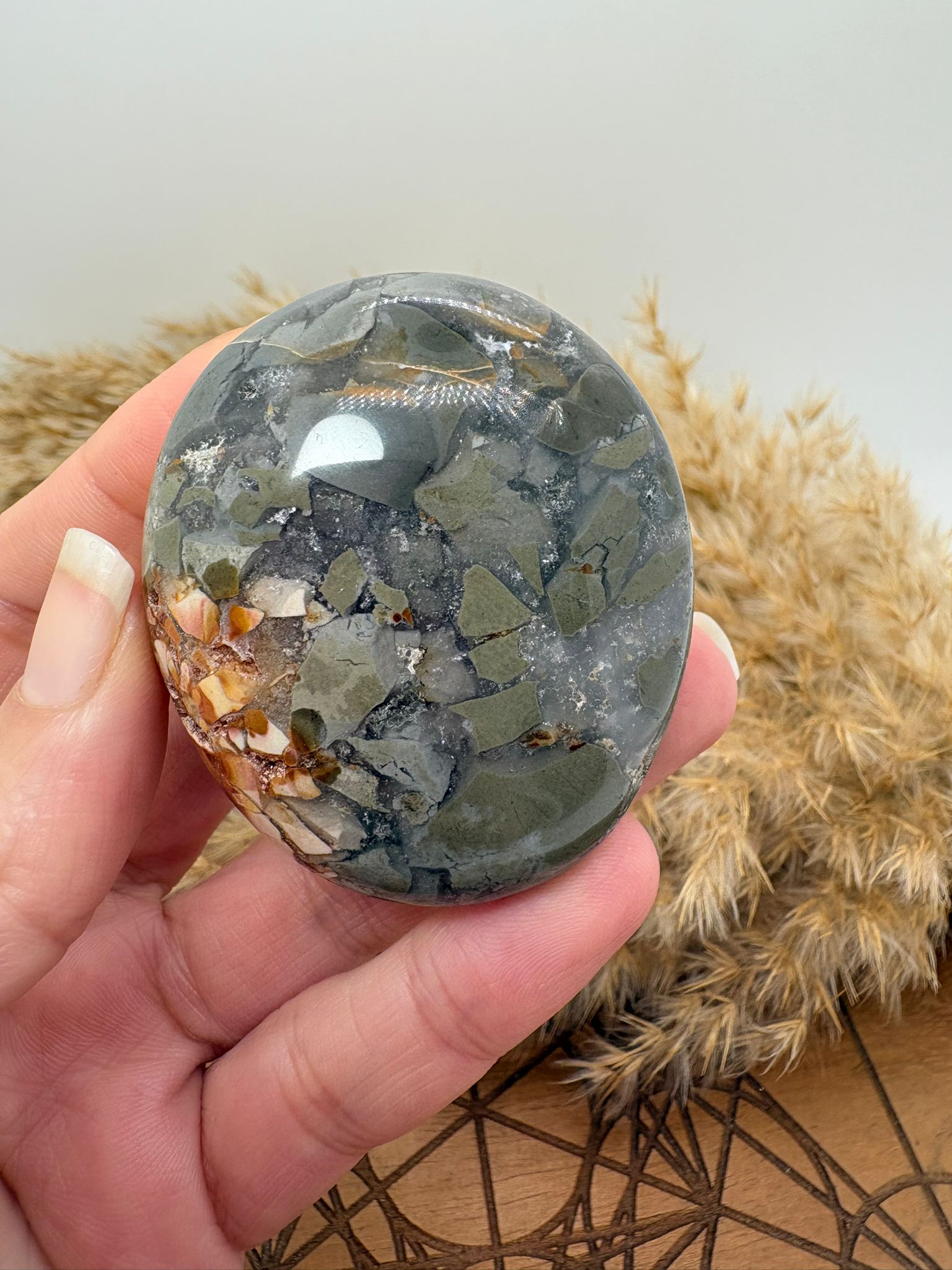 Palmstone de septaria de Madagascar con tonos naturales únicos. Piedra de enraizamiento, protección y equilibrio emocional. Ideal para meditación y calma interior.