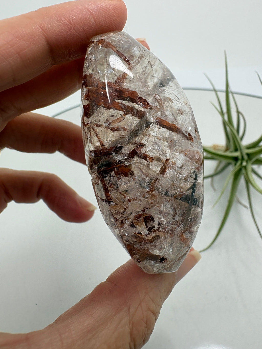Un pequeño paisaje mineral en la palma de tu mano. Este palmstone de cuarzo con anfíbol destaca por sus inclusiones en tonos verdes oscuros, marrones y rojizos, que crean formas y contrastes únicos en su interior.

La transparencia del cuarzo permite descubrir distintos detalles al observarlo desde diferentes ángulos. Su acabado semipulido combina zonas suaves y brillantes con una textura más natural.
