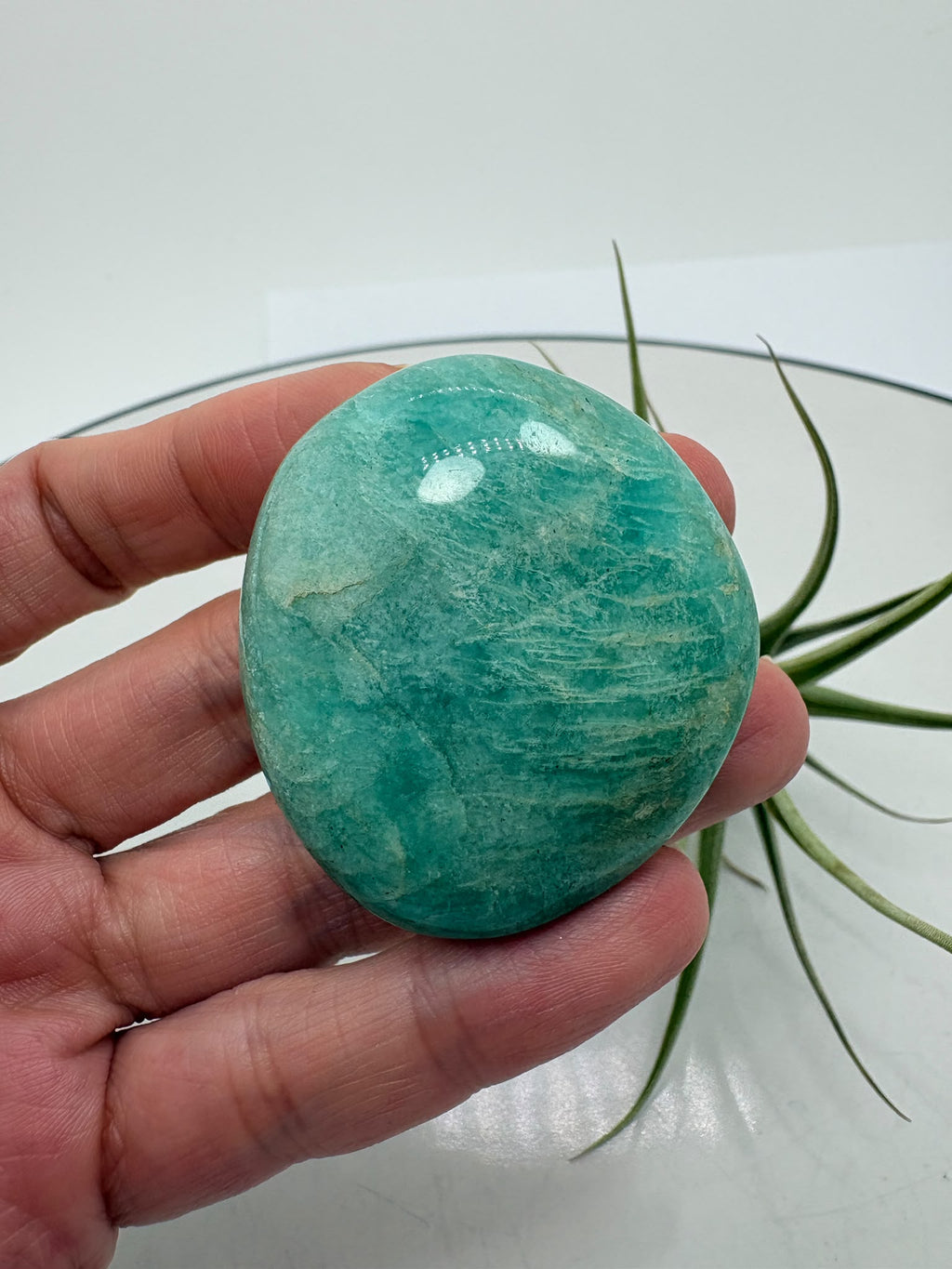 palmstone de amazonita natural pulida con inclusiones de cuarzo ahumado y mica biotita, de Madagascar.

&nbsp;Una piedra perfecta para llevar en la mano, meditar o utilizar como apoyo energético diario. La amazonita destaca por sus tonos verde azulados con vetas naturales más oscuras, que le aportan profundidad y un aspecto único.