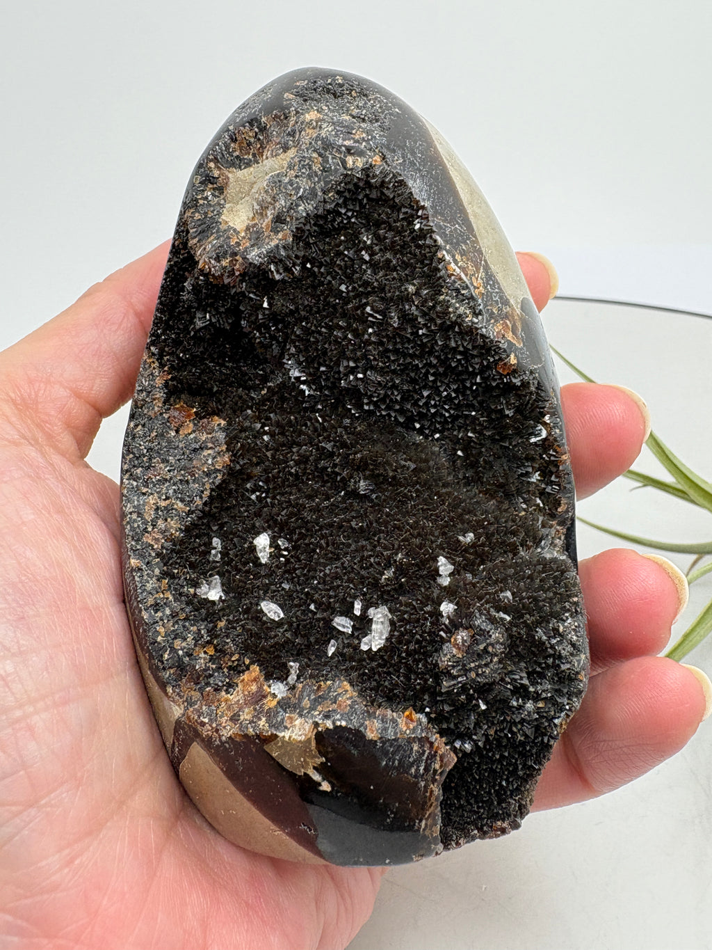 Impresionante esfera de cuarzo chamánico de gran tamaño, una pieza única llena de carácter y belleza natural.

Su interior presenta inclusiones, velos y fracturas naturales que crean espectaculares reflejos arcoíris al recibir la luz.