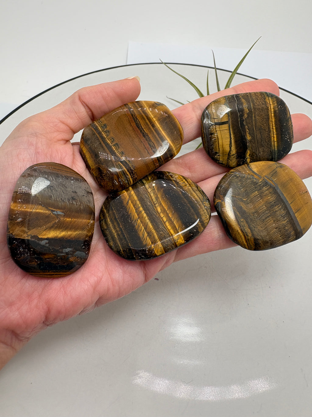 Cantos planos de ojo de tigre con preciosos tonos marrones y dorados y reflejos que cambian al moverlos bajo la luz. Su forma aplanada y su acabado pulido resultan muy agradables al tacto, ideales para llevar en el bolsillo o en el bolso y tener siempre cerca tu mineral favorito.
