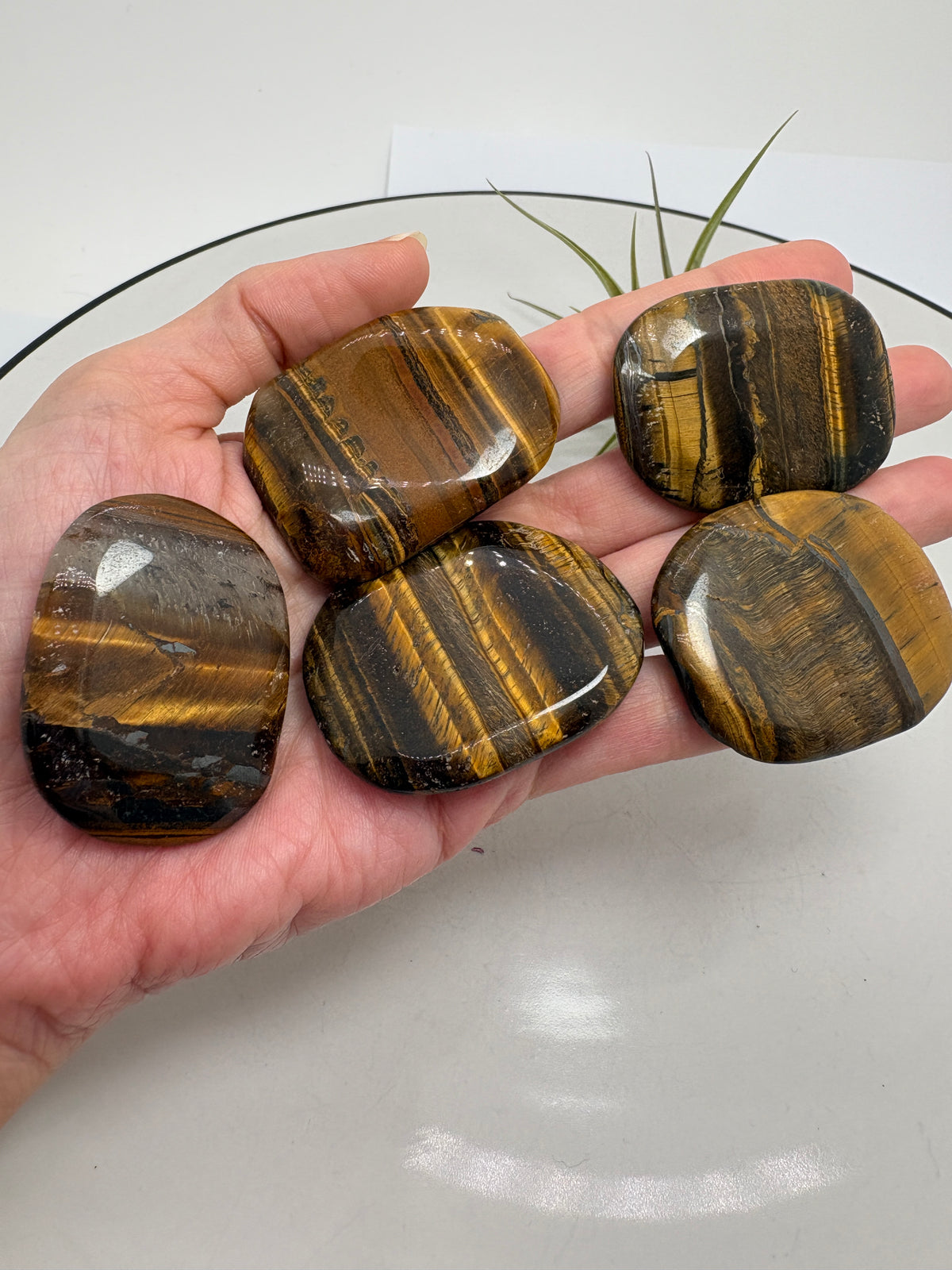 Cantos planos de ojo de tigre con preciosos tonos marrones y dorados y reflejos que cambian al moverlos bajo la luz. Su forma aplanada y su acabado pulido resultan muy agradables al tacto, ideales para llevar en el bolsillo o en el bolso y tener siempre cerca tu mineral favorito.
