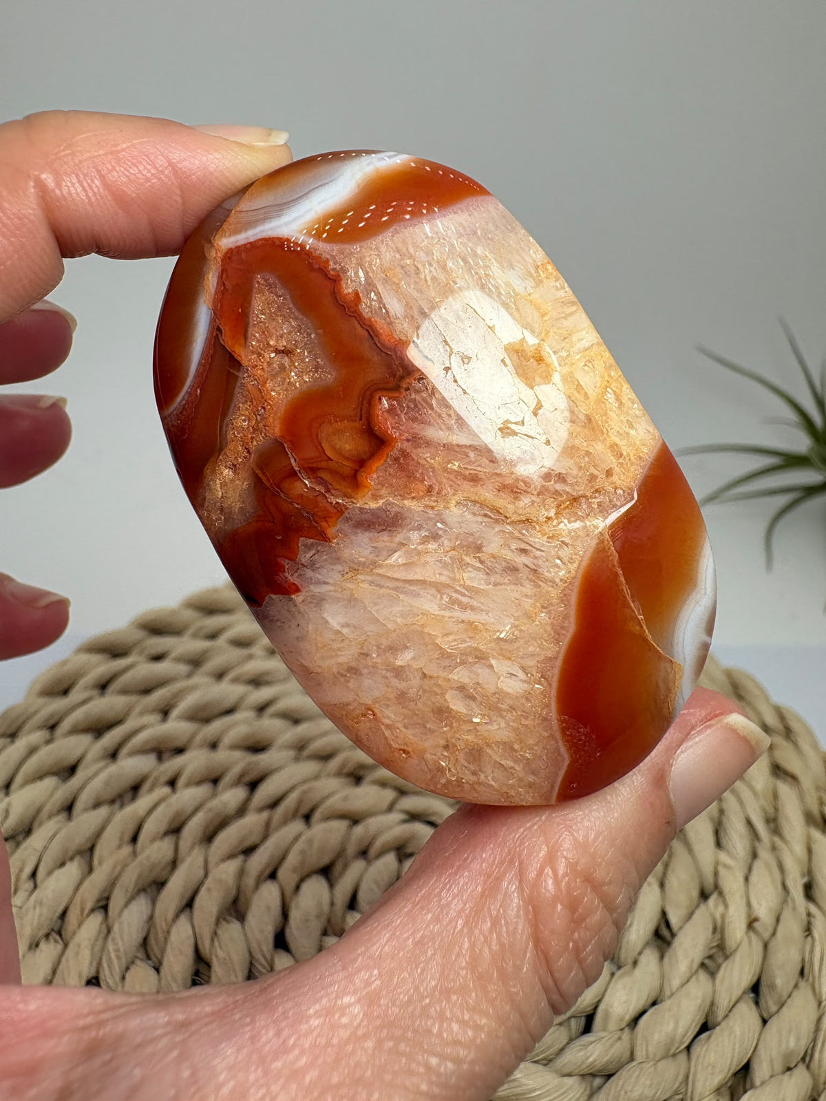 Descubre esta palmstone de ágata cornalina pulida, con bandas rojizas y tonos crema. Recibe la pieza fotografiada de La Hada de las Piedras.