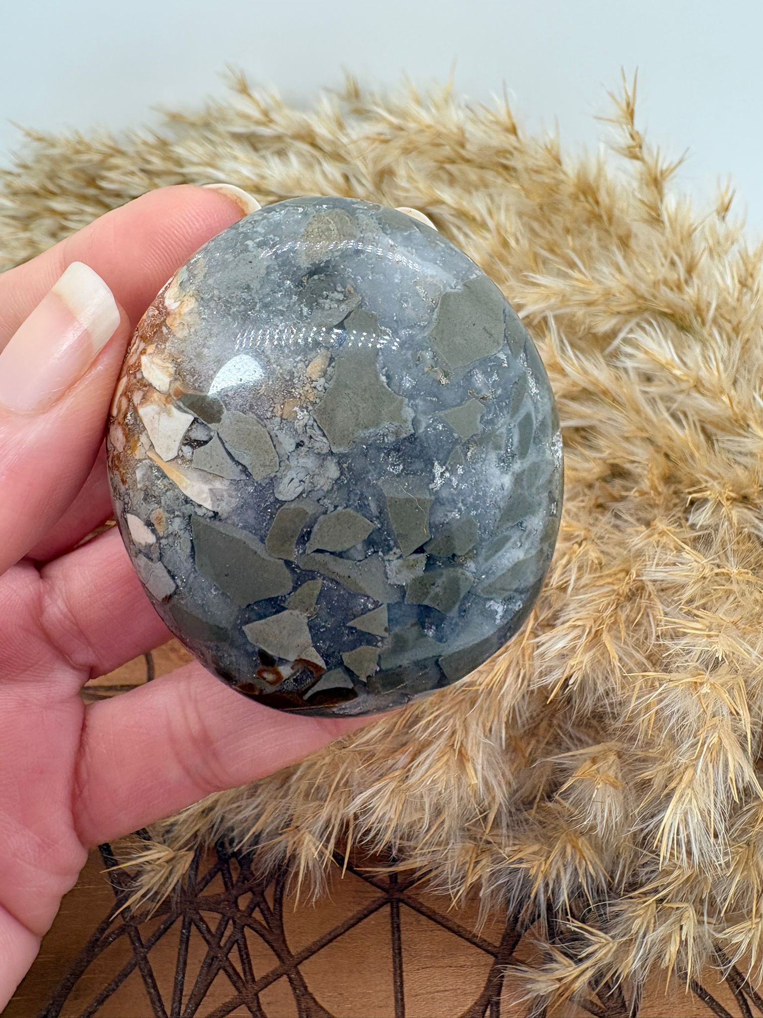 Palmstone de septaria de Madagascar con tonos naturales únicos. Piedra de enraizamiento, protección y equilibrio emocional. Ideal para meditación y calma interior.