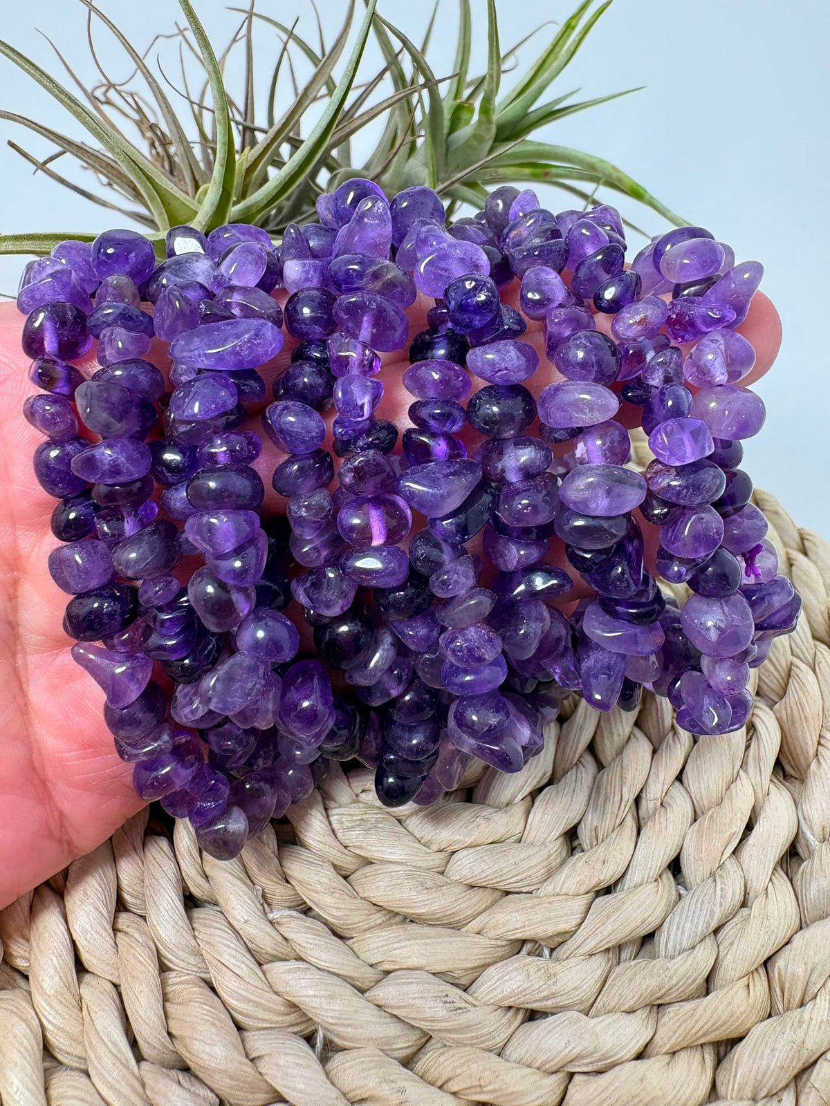 Pulseras elásticas de amatista natural con chips pulidos irregulares