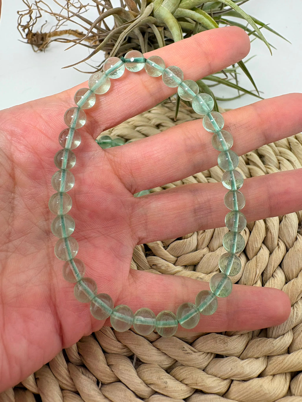 Pulsera elástica de fluorita verde natural con cuentas redondas de 6 mm