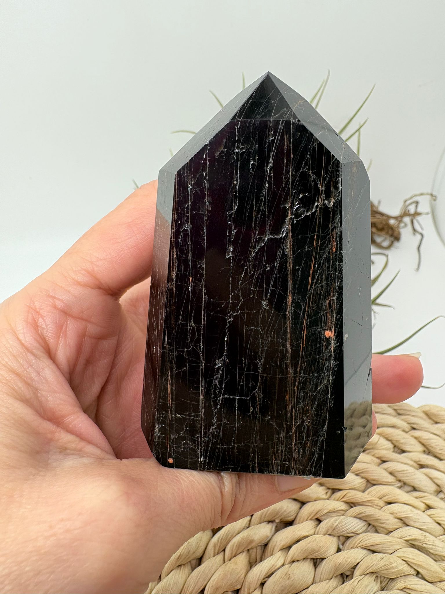 Punta de turmalina negra y hematite natural 7,7 cm cristal protección energética  
