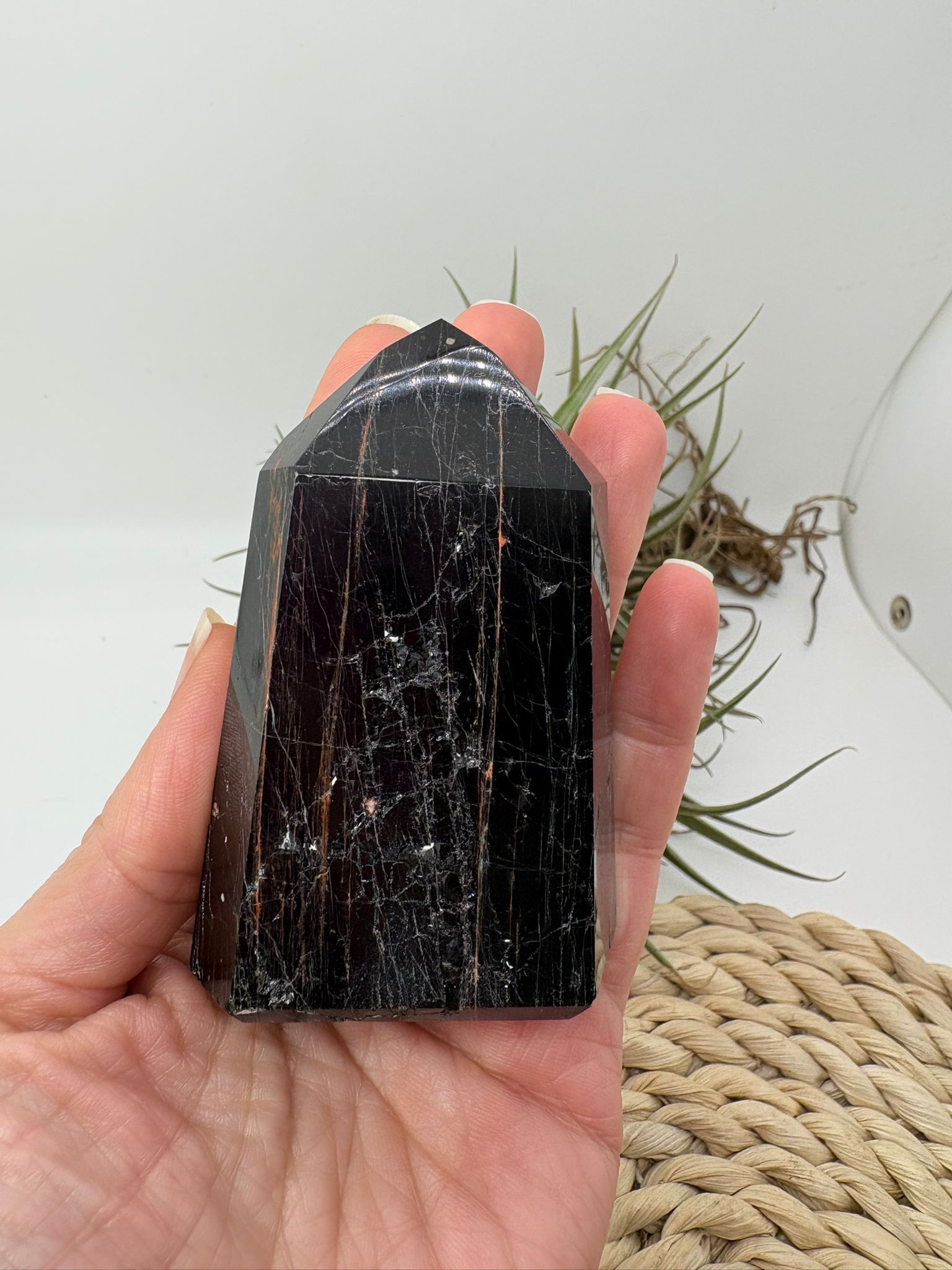 Punta de turmalina negra y hematite natural 7,7 cm cristal protección energética  
