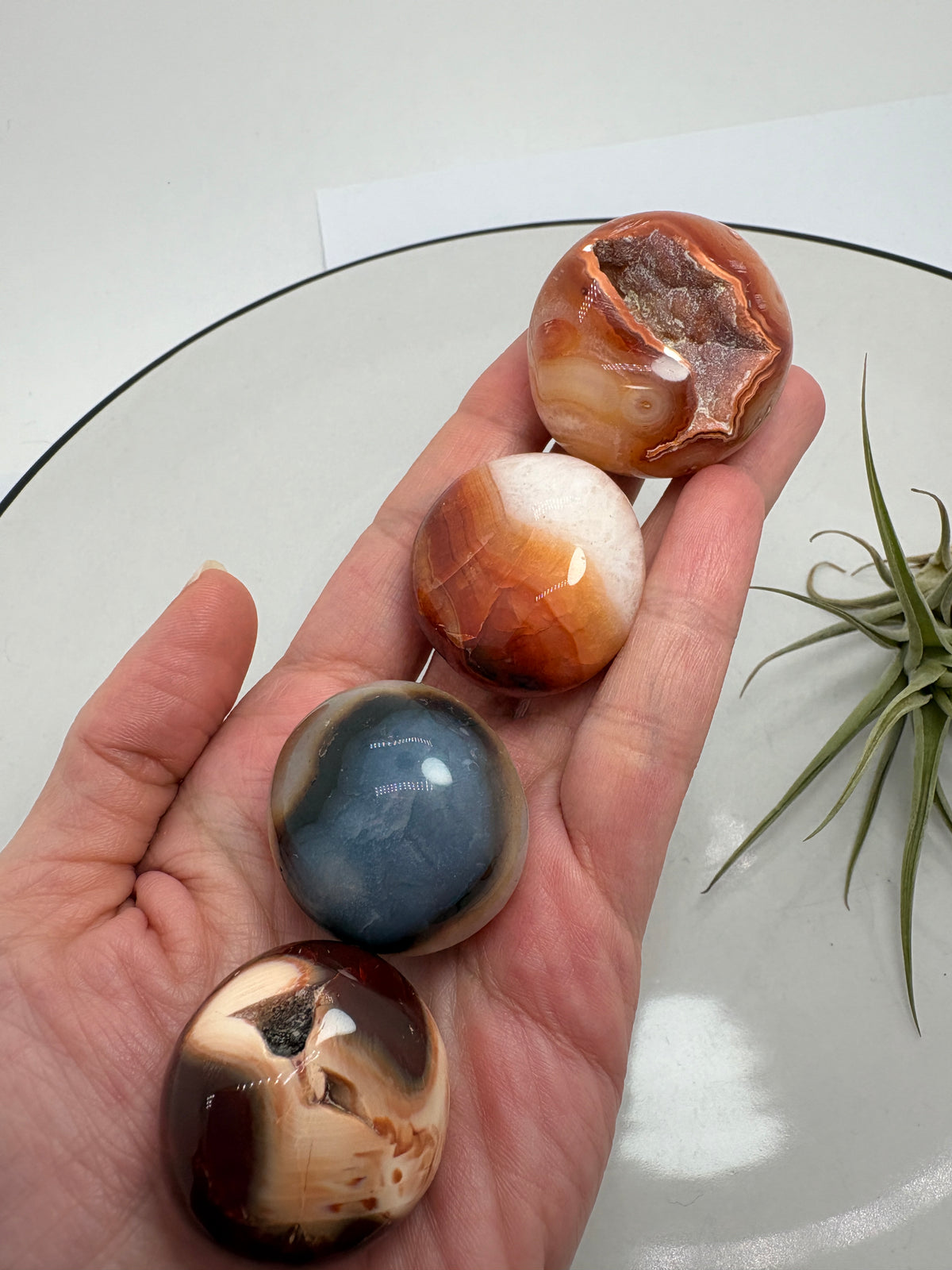 Cantos de ágata cornalina con dibujos y contrastes que hacen especial a cada pieza. Combinan tonos anaranjados, rojizos, crema y zonas oscuras, con bandas y pequeñas cavidades visibles en algunos ejemplares. Su acabado pulido realza estos detalles y les aporta un tacto suave, ideal para llevar contigo o disfrutar en tu colección.