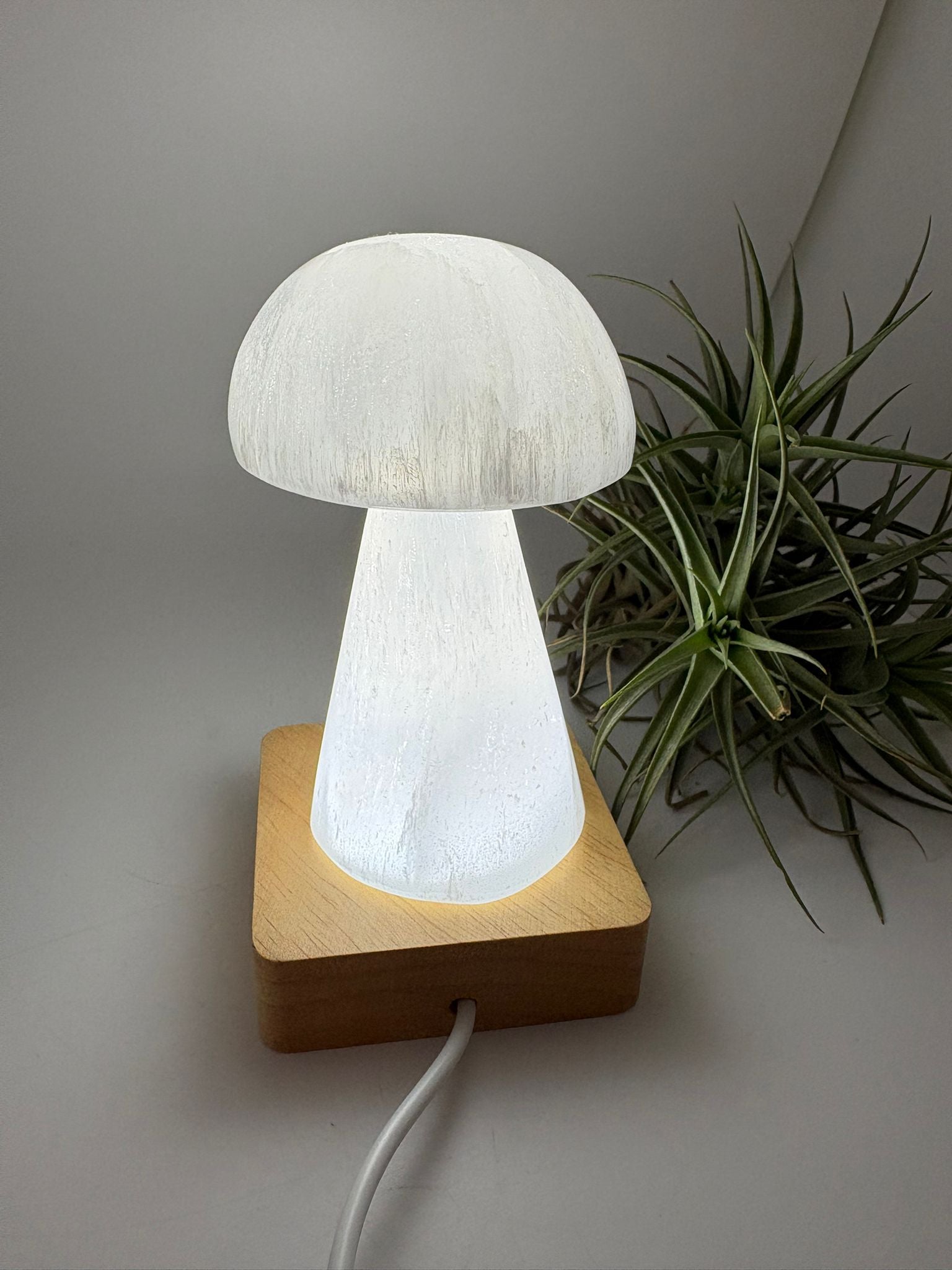 Lámpara usb de selenita natural con base led de madera. Pieza de gran calidad, elegante y luminosa, ideal para decorar y armonizar cualquier espacio.