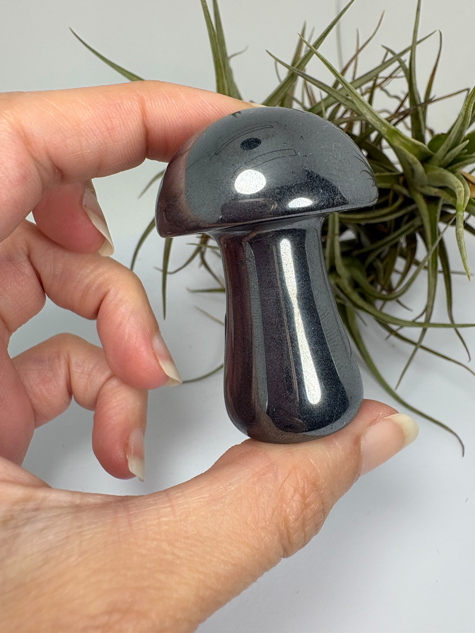 Seta de hematita natural pulida. Mineral de brillo metálico ideal para colección, decoración o regalo. Cada pieza es única por su formación natural.