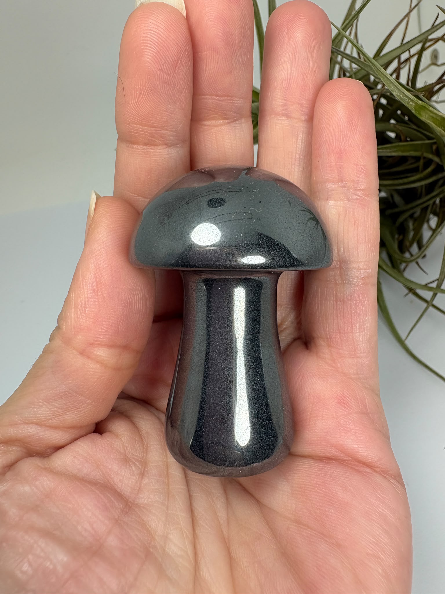 Seta de hematita natural pulida. Mineral de brillo metálico ideal para colección, decoración o regalo. Cada pieza es única por su formación natural.